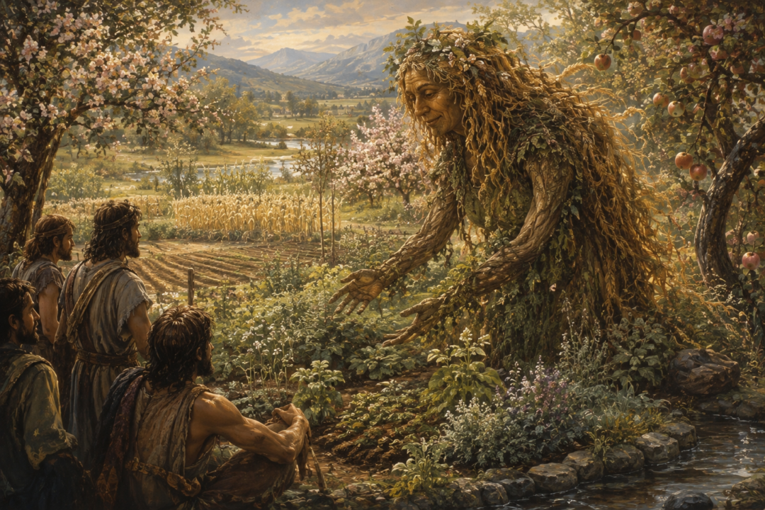 Treebeard and two hobbits overlooking peaceful fields, orchards, hedgerows, and gardens reminiscent of the Shire.