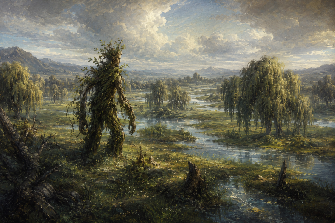 Treebeard walking through the spring willow-meadows of ancient Tasarinan in the First Age