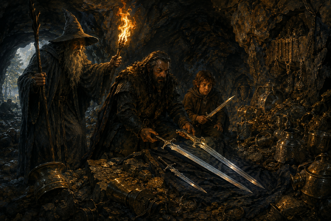Gandalf, Thorin, and Bilbo discover ancient Elven swords among the treasure in the trolls' cave.