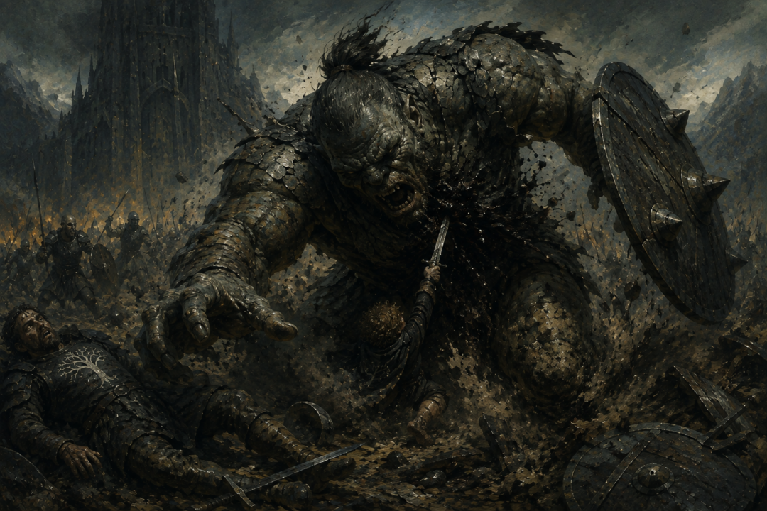 The slain troll-chief crashes down on Pippin immediately after the hobbit strikes the fatal blow.