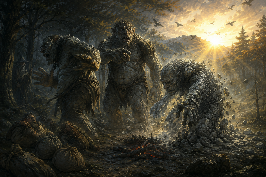 Sunrise catches William, Bert, and Tom in the open and turns the three trolls to stone.