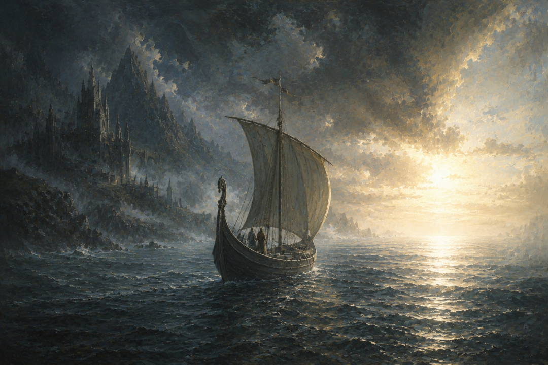 Eärrámë carrying Tuor and Idril into the luminous western mist beyond Middle-earth.