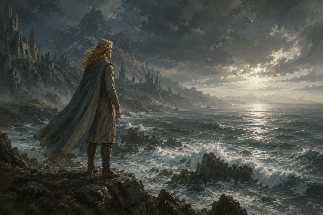 Tuor standing on the coast of Nevrast and gazing across the Sea toward the West.