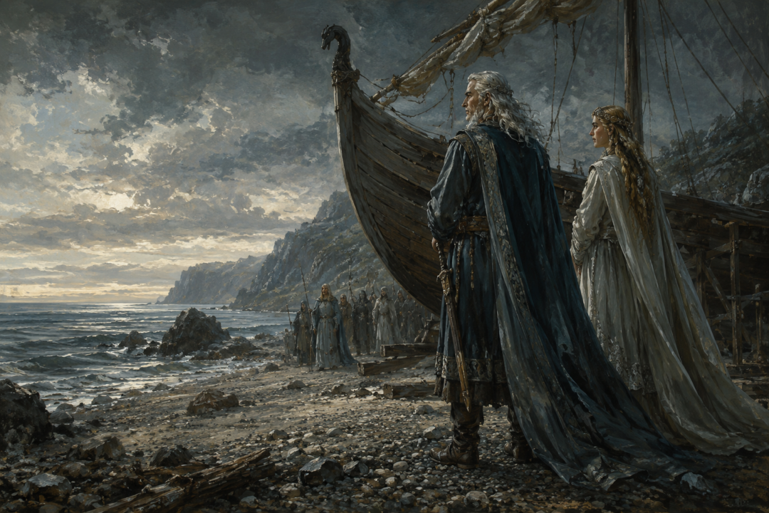 Tuor and Idril preparing to sail west aboard Eärrámë from the Mouths of Sirion.