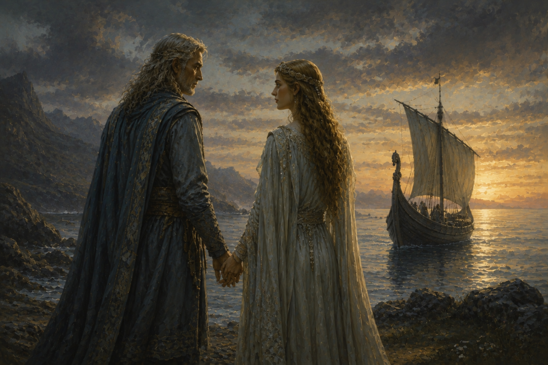 Aging Tuor and the Elven Idril standing together beside the Sea before their final voyage.