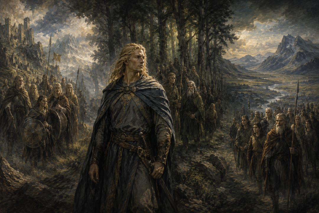 Tuor with visual representations of the Houses of Hador, Haleth, and Bëor converging behind him.