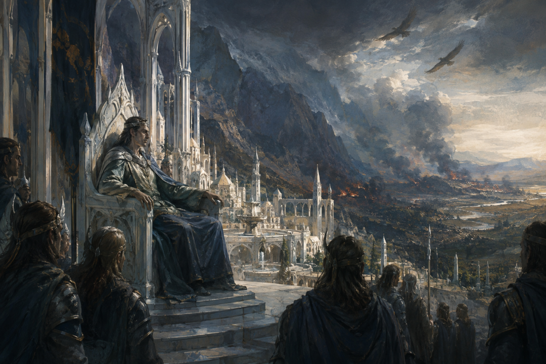 Turgon ruling as High King of the Noldor within the hidden white city of Gondolin.