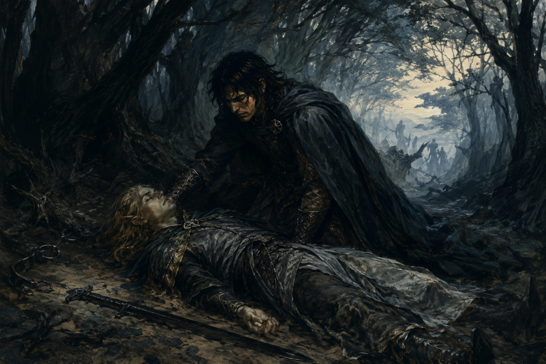 Túrin kneels in horror beside Beleg after the accidental killing, with the black sword Anglachel lying nearby.