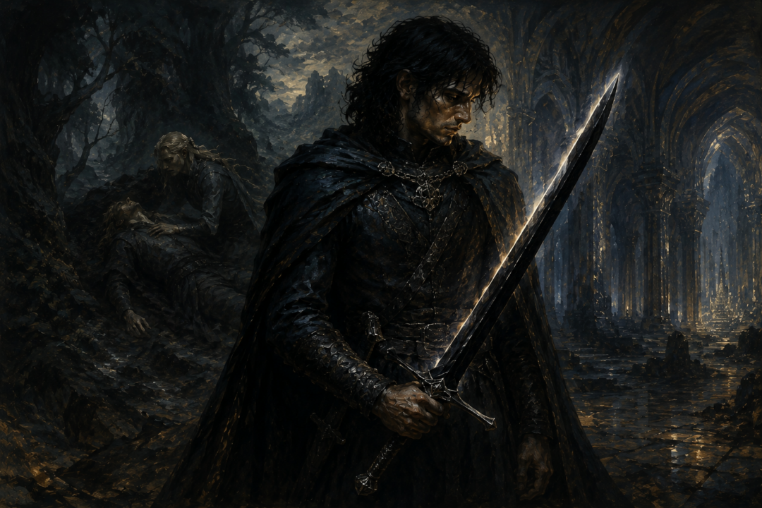 Túrin holds the reforged Gurthang in Nargothrond while the memory of Beleg's death hangs over his new identity.