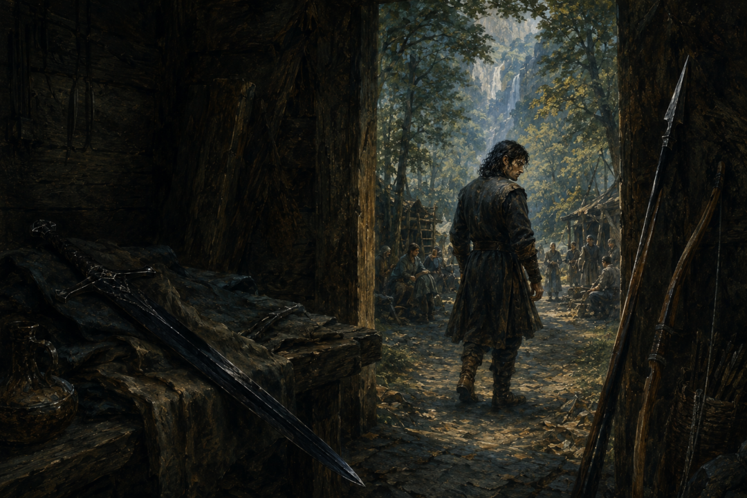Gurthang rests unused in shadow while Túrin attempts a new life with bow and spear among the people of Brethil.