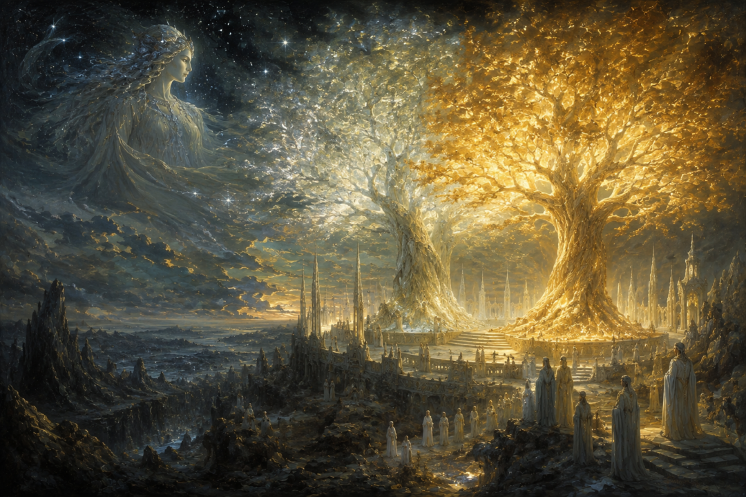 Telperion and Laurelin preserve ancient silver and golden light beneath the heavens of Valinor.