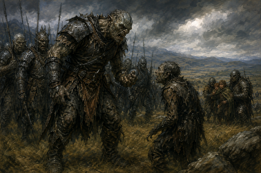 Uglúk confronting a smaller Orc scout on the plains of Rohan, revealing hierarchy among the Orcs.