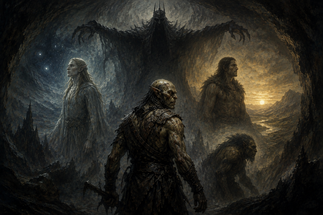 An Orc surrounded by shadowy Elvish, Mannish, and beastlike possible origins beneath the looming Shadow of Morgoth.