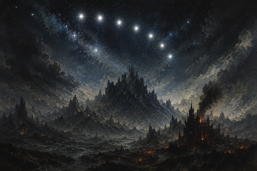 The seven stars of Valacirca shine above the dark northern lands as an ancient challenge to Melkor.