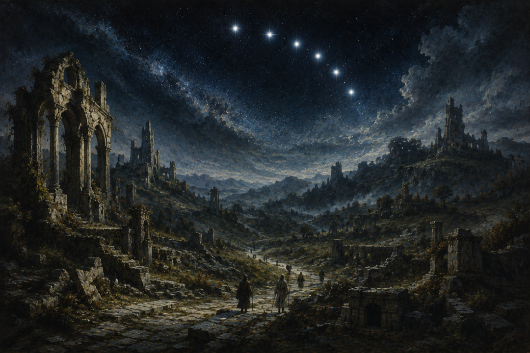 Ancient ruins and later travelers lie beneath the enduring seven stars of Valacirca in the northern sky.