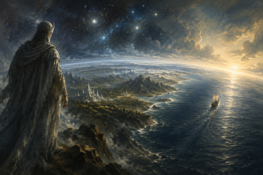 A Vala watches a mortal ship sail beyond the known world, symbolizing the mysterious fate of Men beyond the knowledge of the Valar.