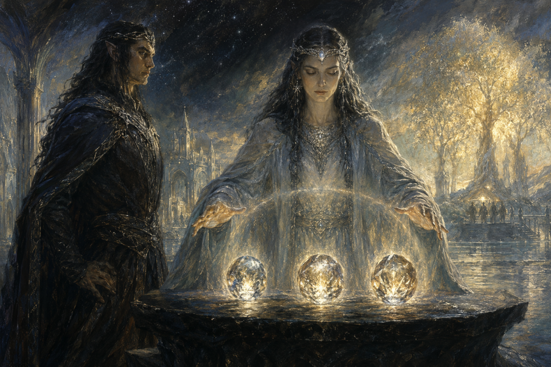 Varda hallowing the three newly created Silmarils as Fëanor watches in Valinor