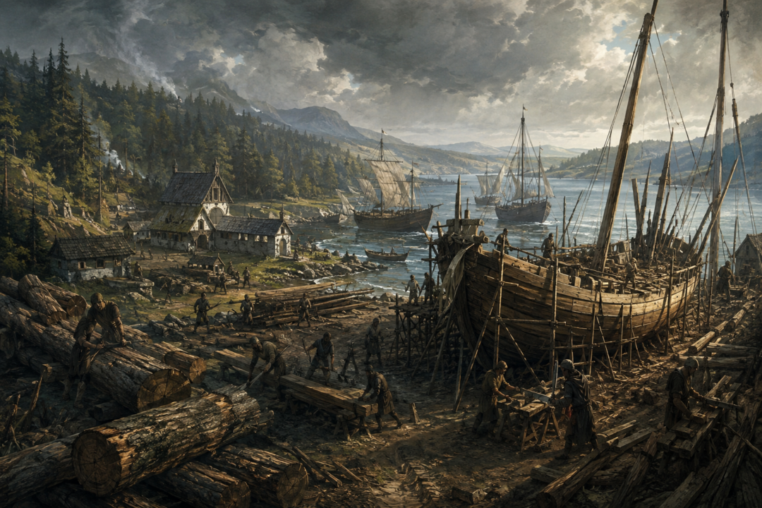 Númenórean shipbuilders at Vinyalondë constructing a vessel as timber arrives down the Gwathló from the forests of Middle-earth.