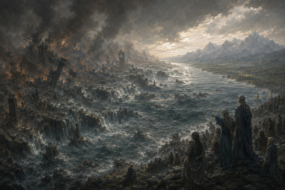 Beleriand breaking beneath the sea during the catastrophic end of the First Age