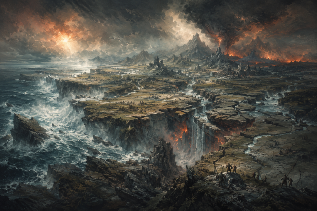 Beleriand breaking apart as the Great Sea floods the land during the War of Wrath