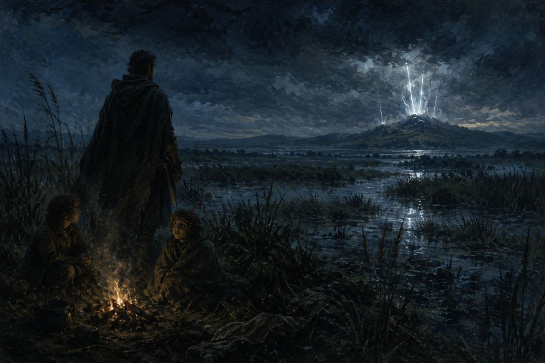 Frodo and Aragorn see mysterious flashes above distant Weathertop from the Midgewater Marshes.