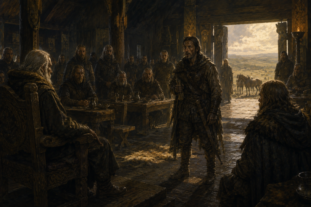 A weary messenger from the Westfold delivers urgent news to Théoden inside the royal hall at Edoras.