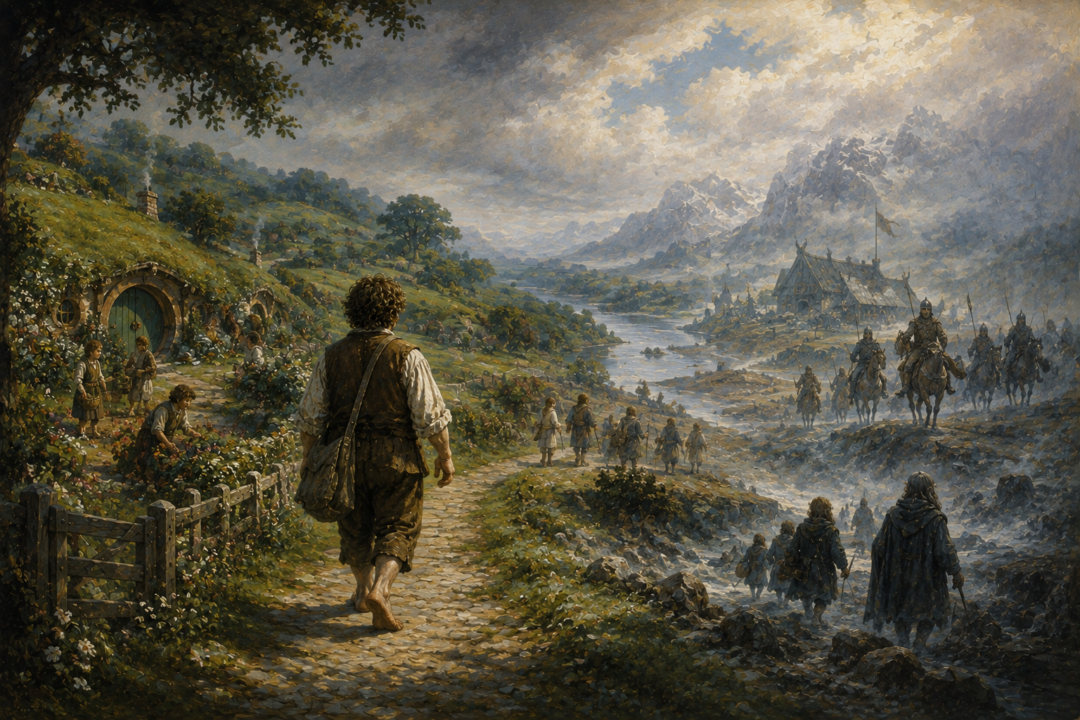 Samwise walks through the Shire as distant scenes evoke the older linguistic history hidden beneath translated Westron names.