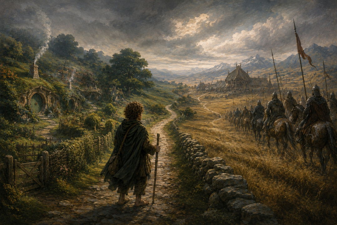 A hobbit stands between the Shire and Rohan in a visual metaphor for the relationship between Westron and Rohirric.