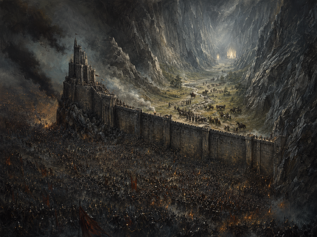 Panoramic view showing the Deeping Wall sealing a mountain refuge between Saruman’s army and the protected gorge of Helm’s Deep