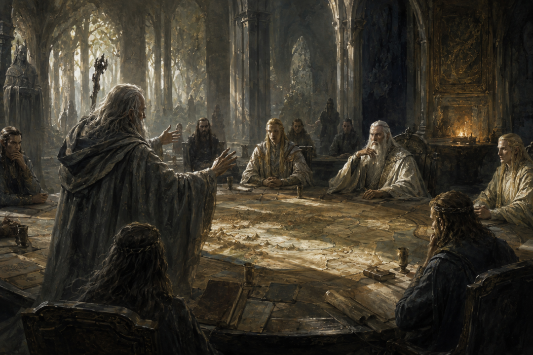 Gandalf urging the White Council to act against the hidden power of Sauron at Dol Guldur