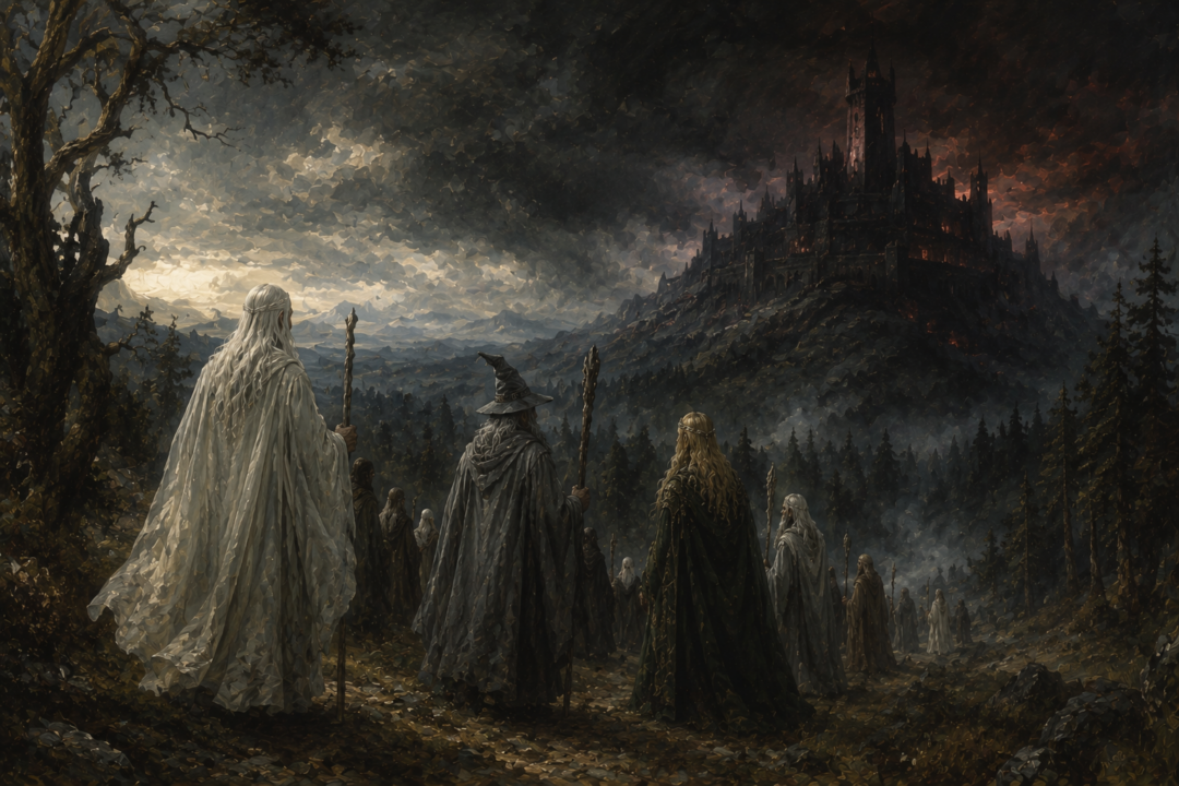 The White Council approaches the shadowed fortress of Dol Guldur in Third Age 2941.