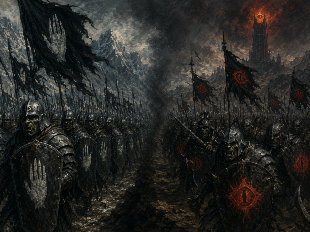 Orc troops of Isengard bearing the White Hand contrasted with Mordor Orcs carrying the Red Eye.