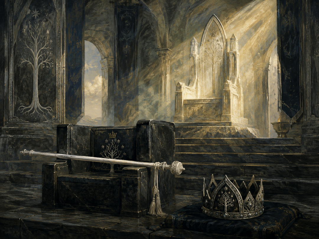 White Steward’s rod beneath the empty throne of Gondor symbolizing authority held until the return of the King