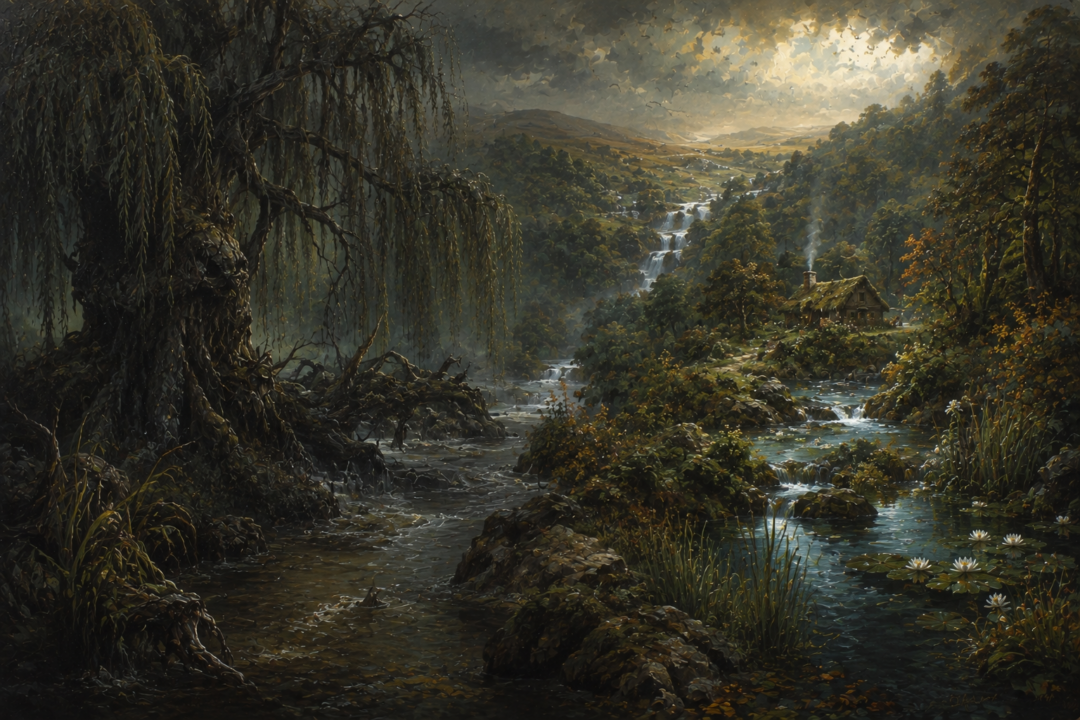 The Withywindle winds through an ancient forest between the threatening domain of Old Man Willow and the rain-washed riverside world of Goldberry.