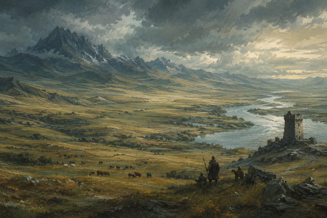 The sparsely settled Wold in northern Calenardhon with grazing land, the distant Anduin, and an old Gondorian watch-post.