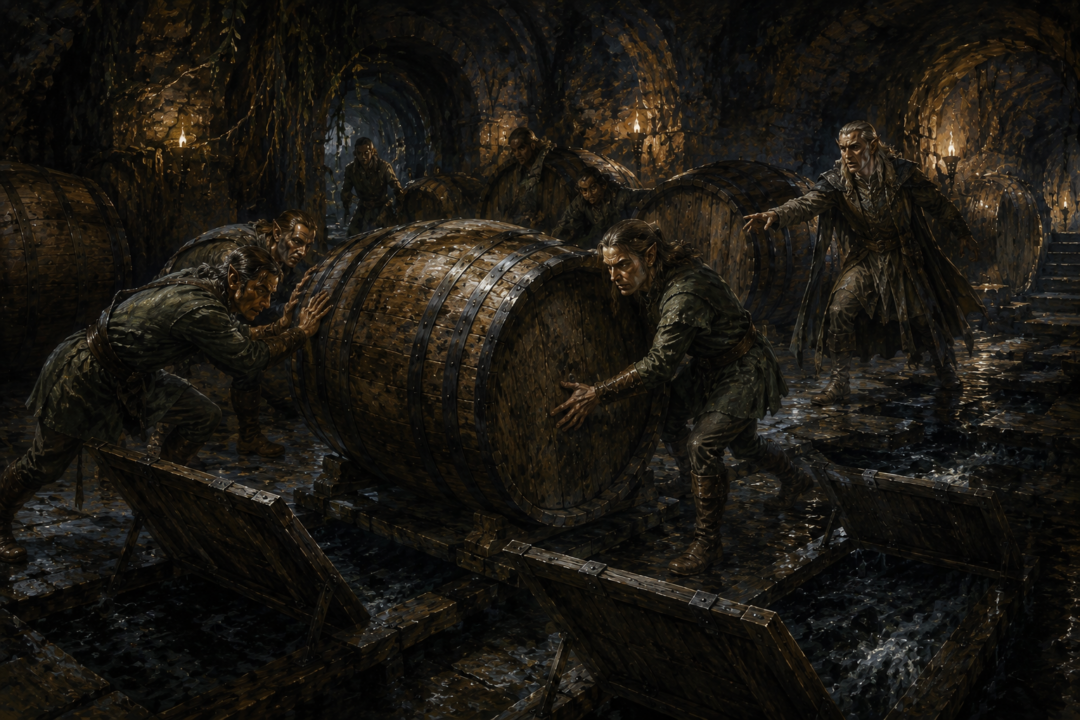 Wood-elf cellar workers struggle with suspiciously heavy barrels while the king’s butler urges them onward.
