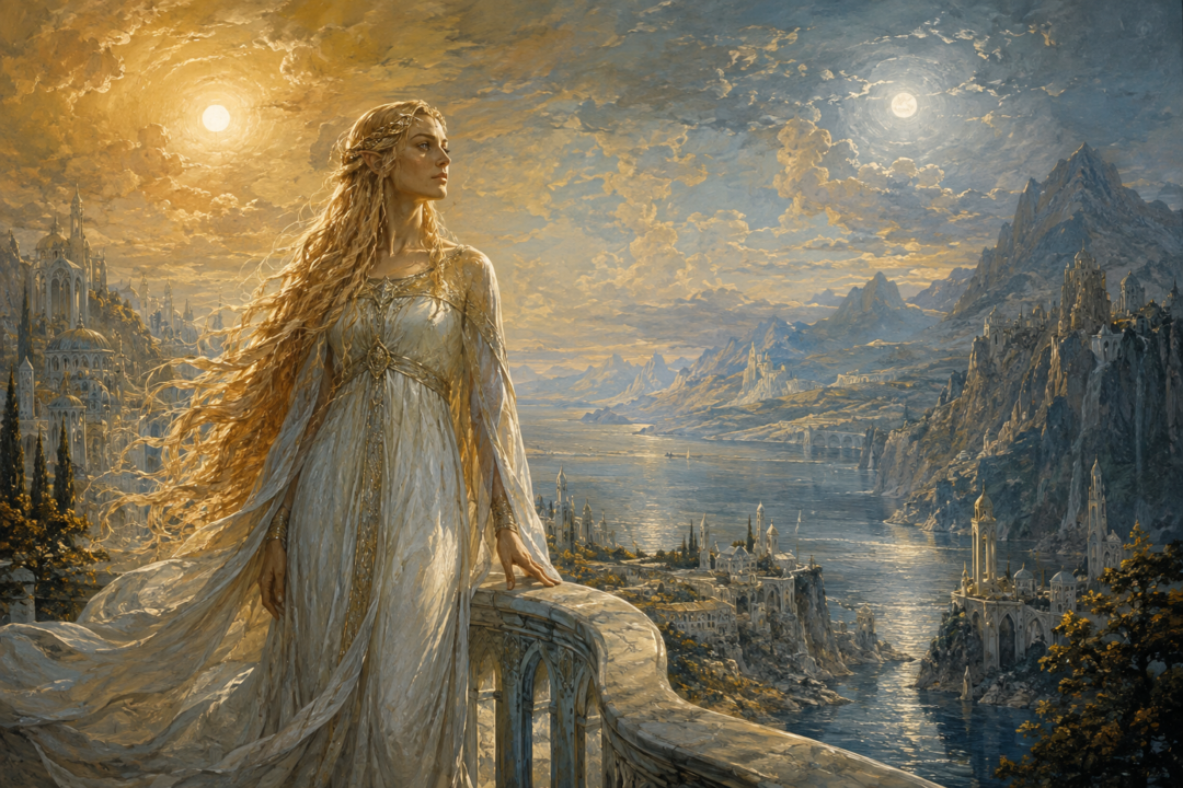 Young Galadriel as Artanis standing in Aman beneath the light of the Two Trees