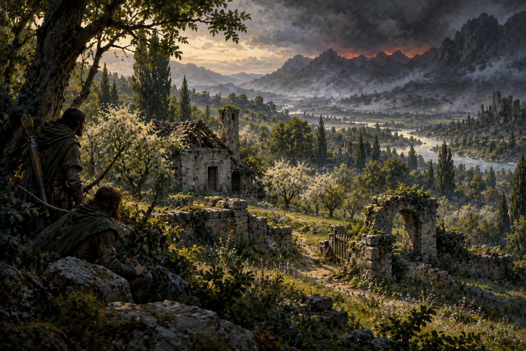 Rangers of Ithilien watching over an abandoned farmhouse and orchard beneath the Ephel Dúath