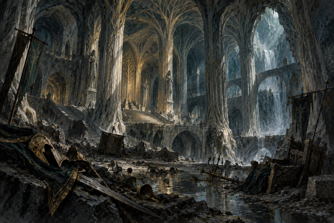 The abandoned underground halls of Menegroth with towering tree-like stone pillars surviving the fall of Thingol's realm