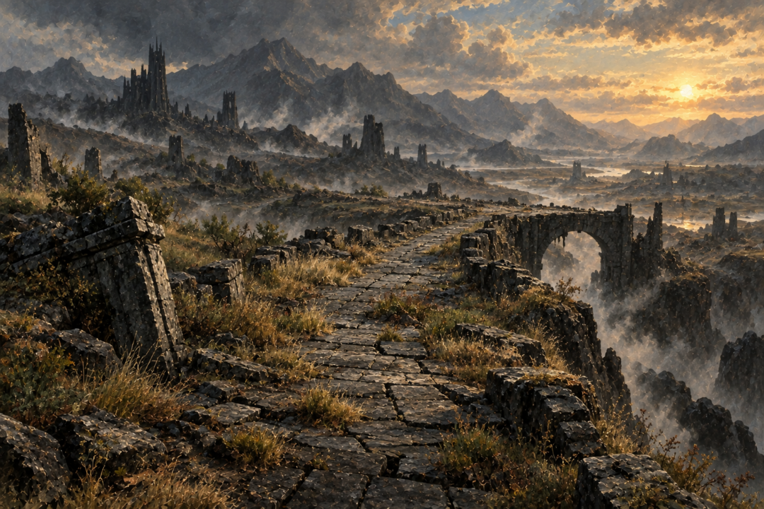 An abandoned Mordor road slowly crumbling and being reclaimed by vegetation after the fall of Sauron
