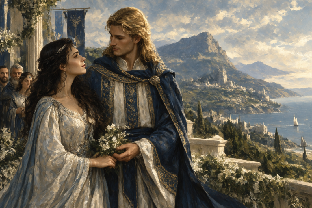 Aldarion departing Númenor aboard a great sailing ship while Erendis remains alone on the shore.