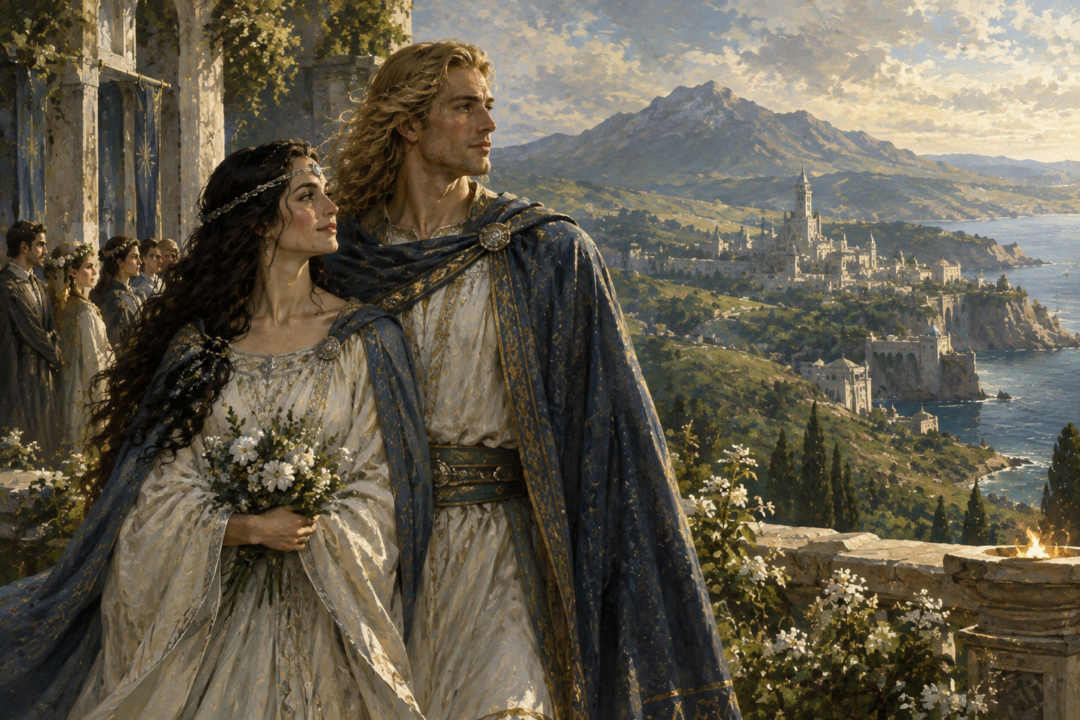 Aldarion and Erendis at their betrothal as Erendis wears the white jewel of the Lady of the Star-brow.