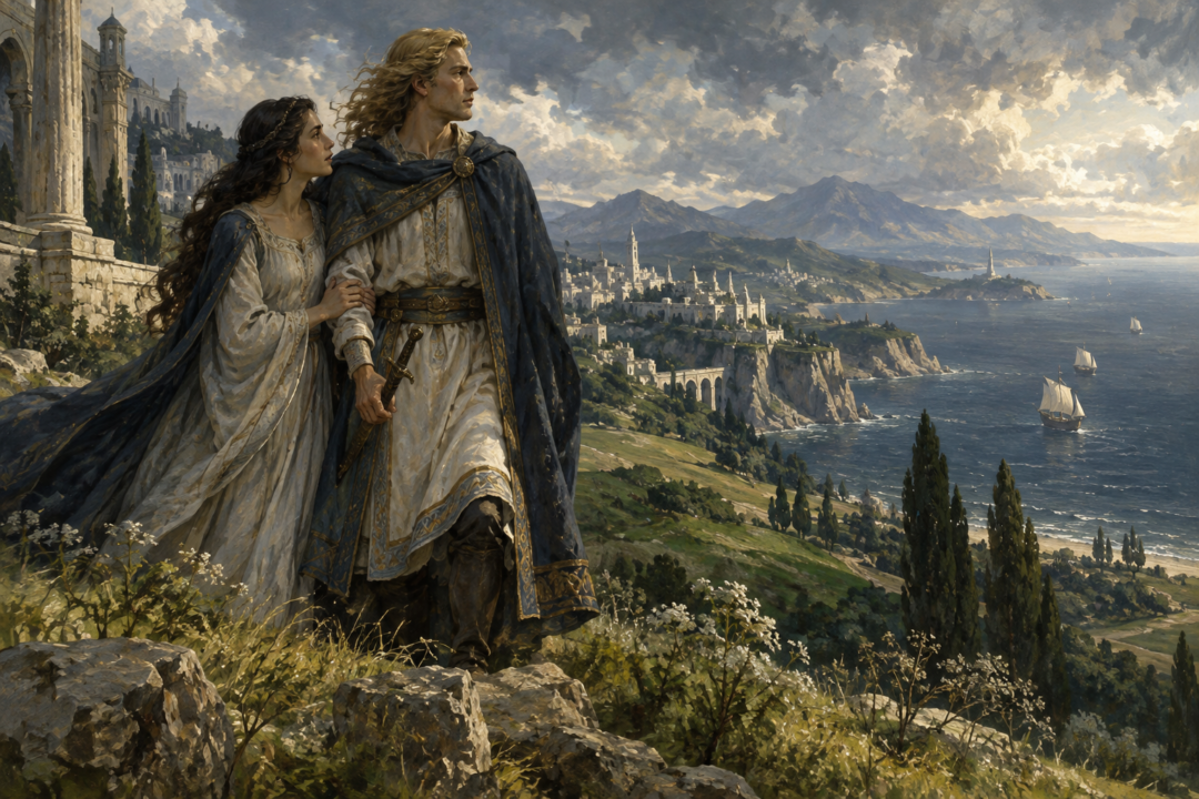 Aldarion and Erendis standing above the distant sea during their long courtship in Númenor.