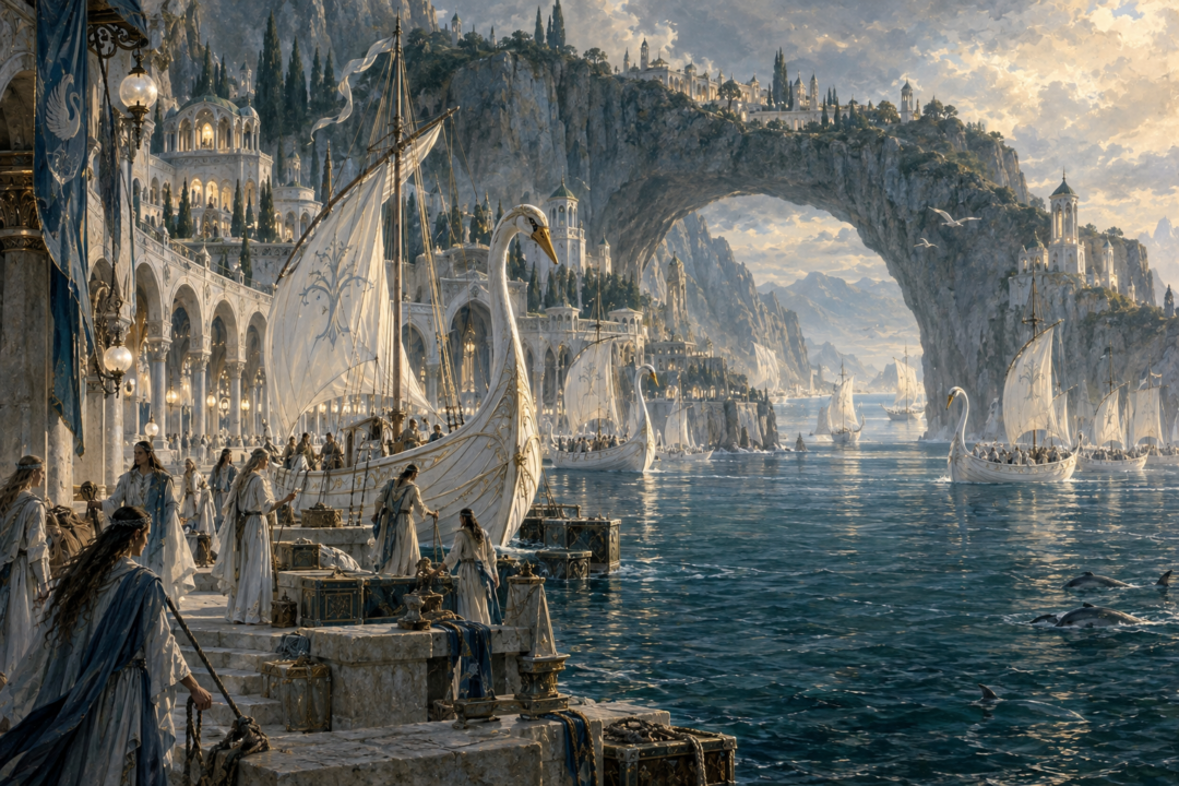 Alqualondë stands beside the Bay of Eldamar with its sea-carved harbor arch and white Telerin swan-ships.
