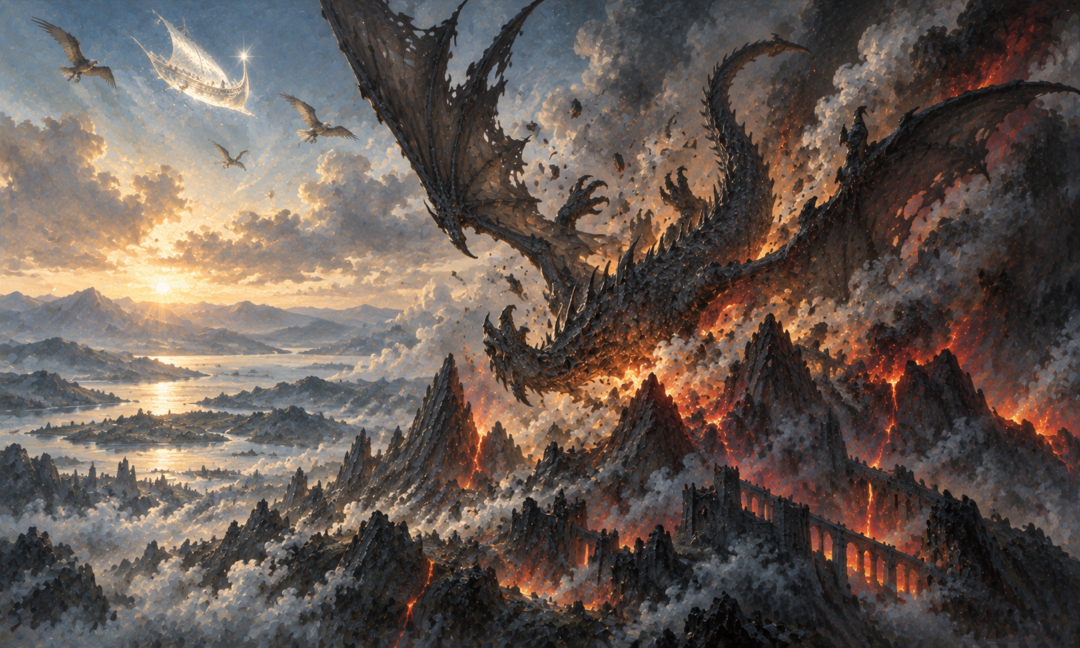 Ancalagon the Black falling from the sky onto Thangorodrim at the end of the War of Wrath