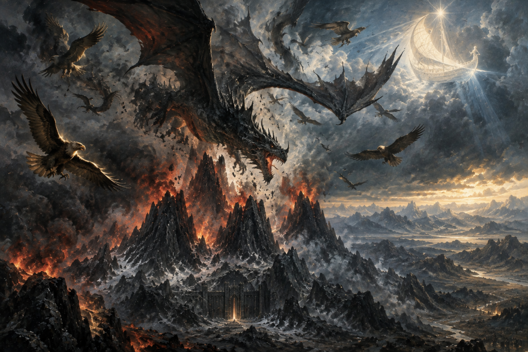 Ancalagon falling toward Thangorodrim during the final battle of the War of Wrath