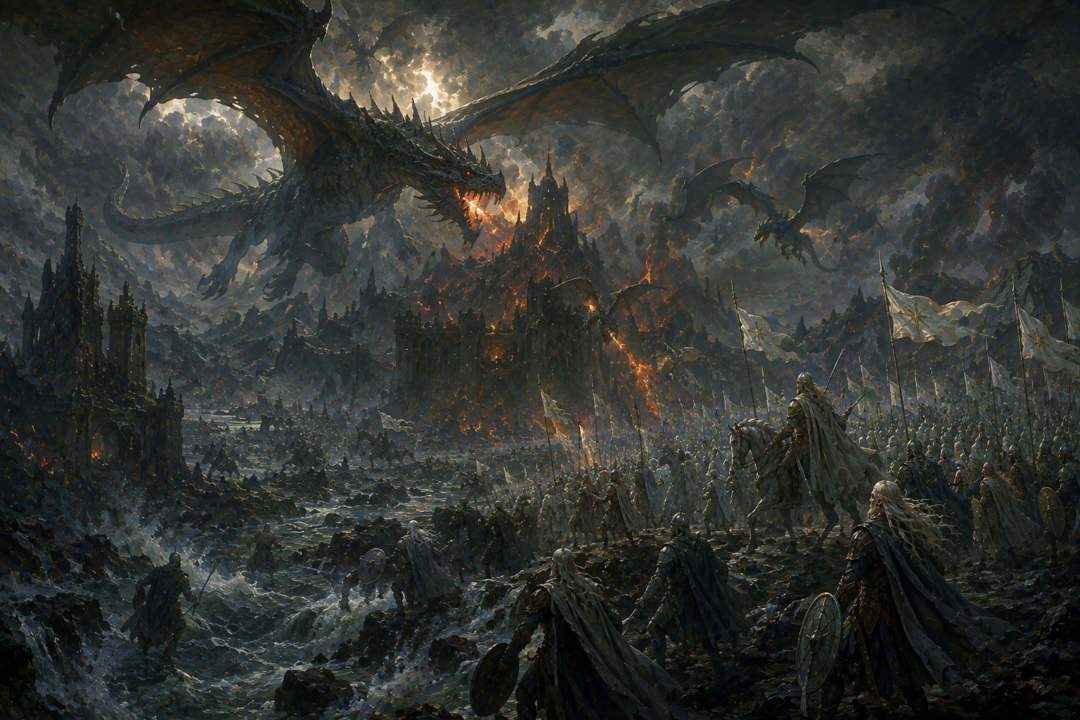 Ancalagon and Morgoth's winged dragons attacking the Host of the West during the War of Wrath