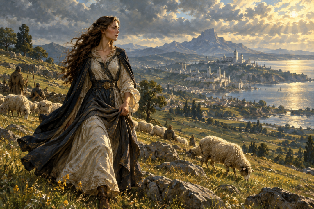 Young Ancalimë walking through the pastoral fields of Emerië before becoming Númenor's first Ruling Queen.