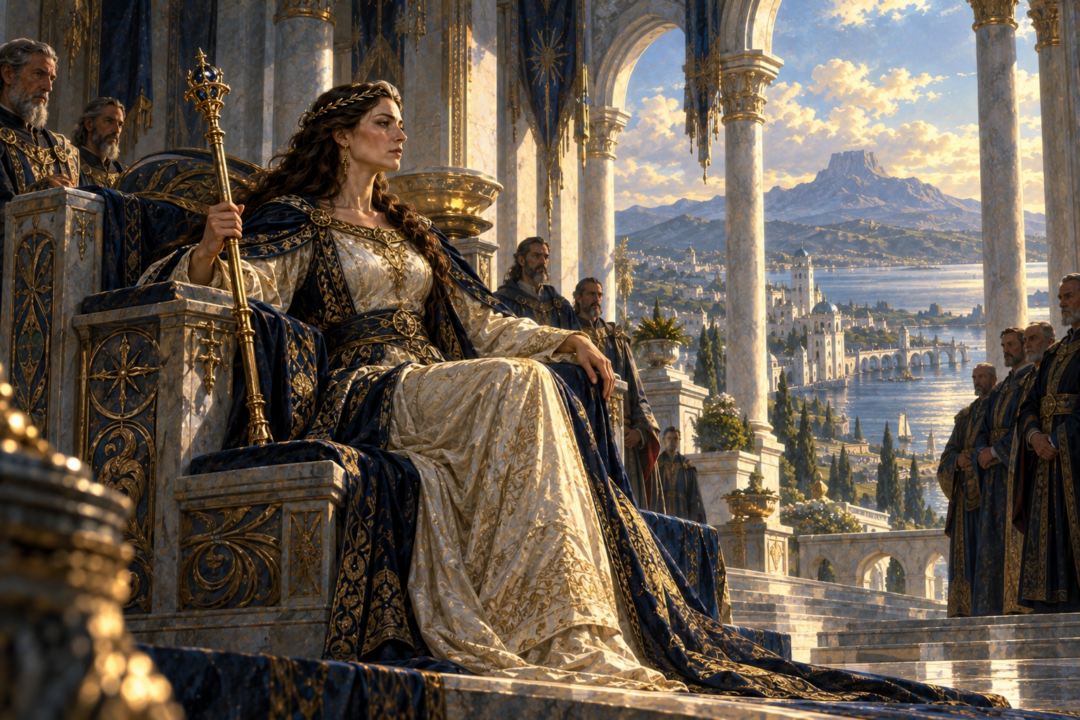 Ancalimë standing before the royal Sceptre as Númenor's changed succession law allows a daughter to inherit.