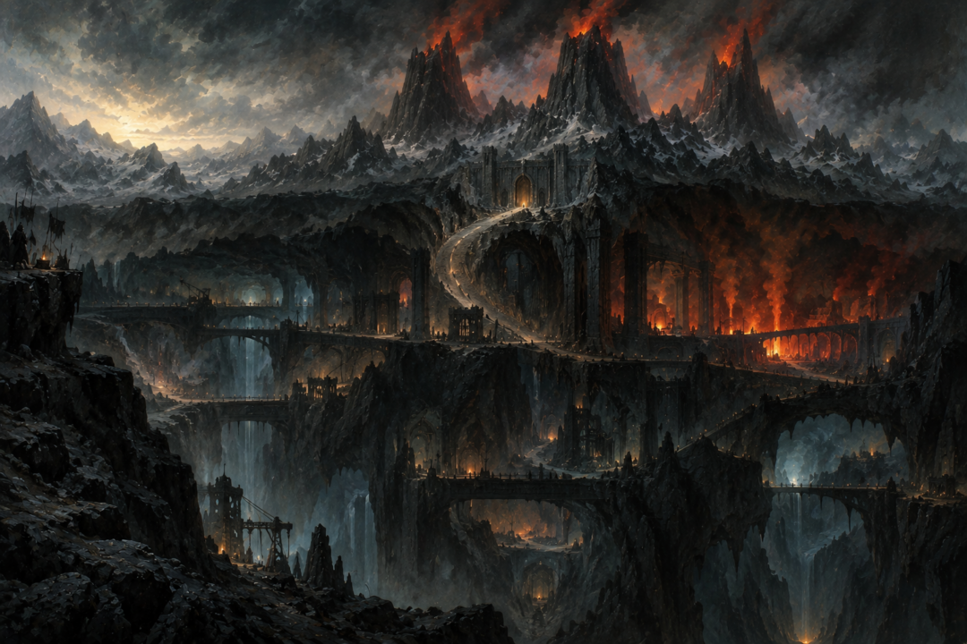 Cutaway view of Angband's vast tunnels, furnaces, mines, and hidden chambers beneath the Iron Mountains